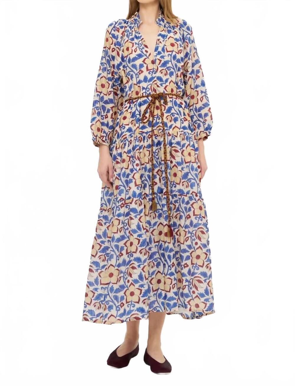 NEW OLIPHANT cuff sleeve tie waist maxi dress in kildare blue